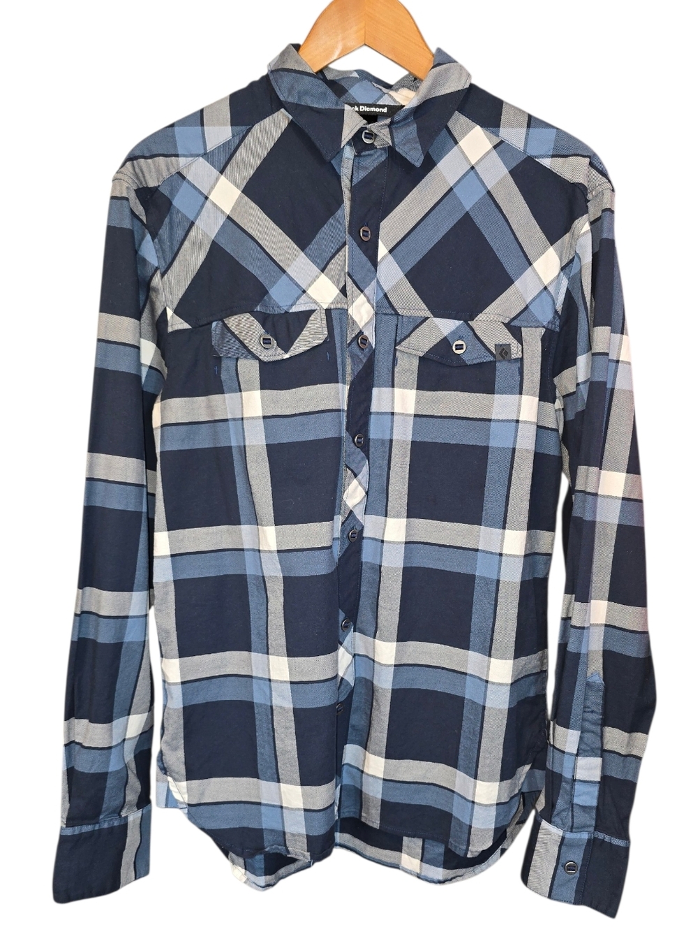 Black Diamond Plaid Button Down Shirt Organic Cotton Stretch Blue Size Medium - Picture 1 of 12